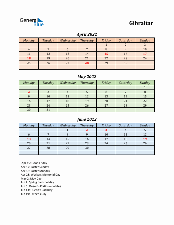 Q2 2022 Holiday Calendar - Gibraltar