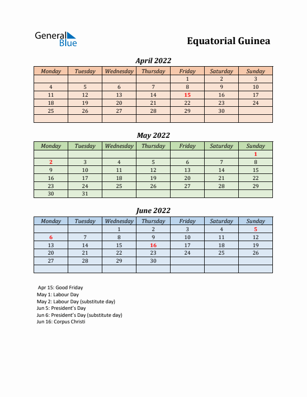 Q2 2022 Holiday Calendar - Equatorial Guinea