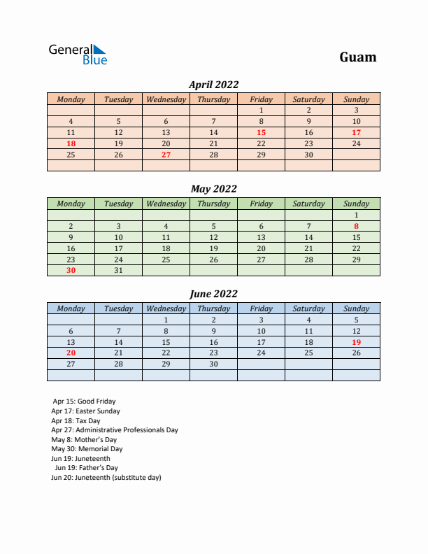 Q2 2022 Holiday Calendar - Guam