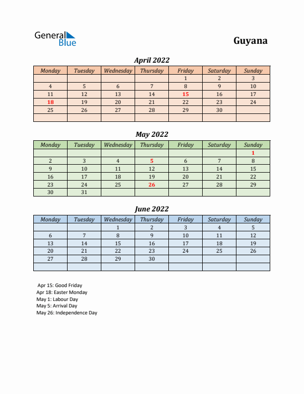 Q2 2022 Holiday Calendar - Guyana