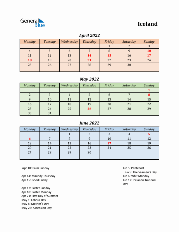 Q2 2022 Holiday Calendar - Iceland