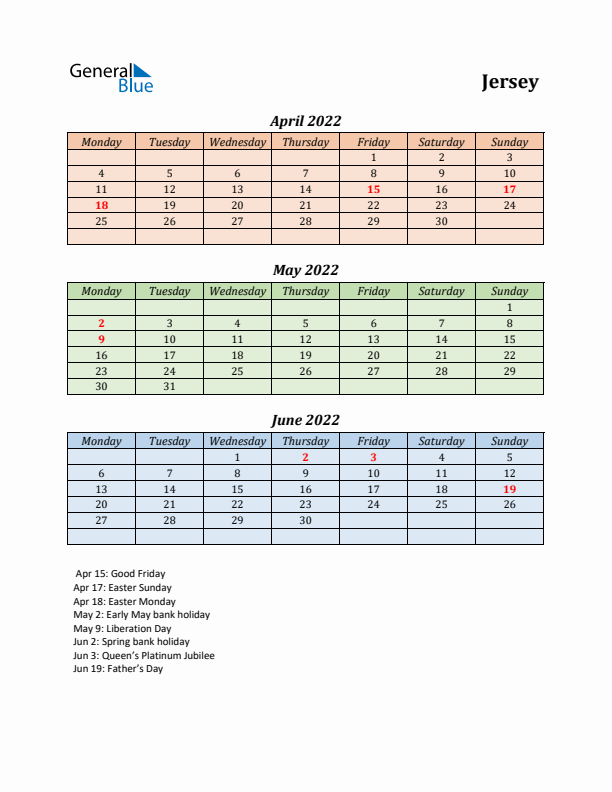 Q2 2022 Holiday Calendar - Jersey