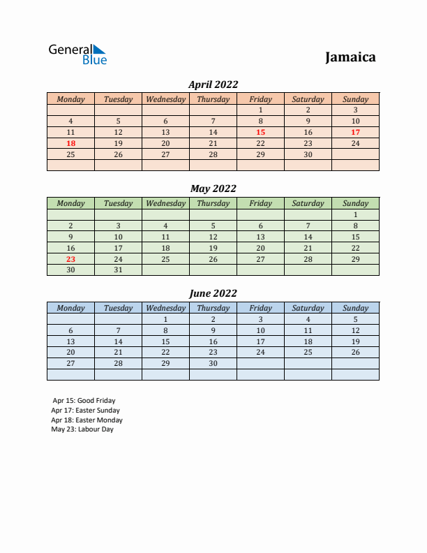 Q2 2022 Holiday Calendar - Jamaica