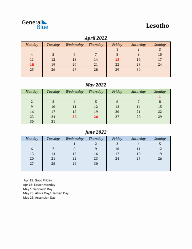 Q2 2022 Holiday Calendar - Lesotho