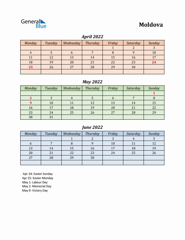 Q2 2022 Holiday Calendar - Moldova