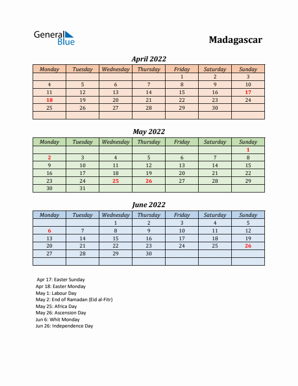 Q2 2022 Holiday Calendar - Madagascar