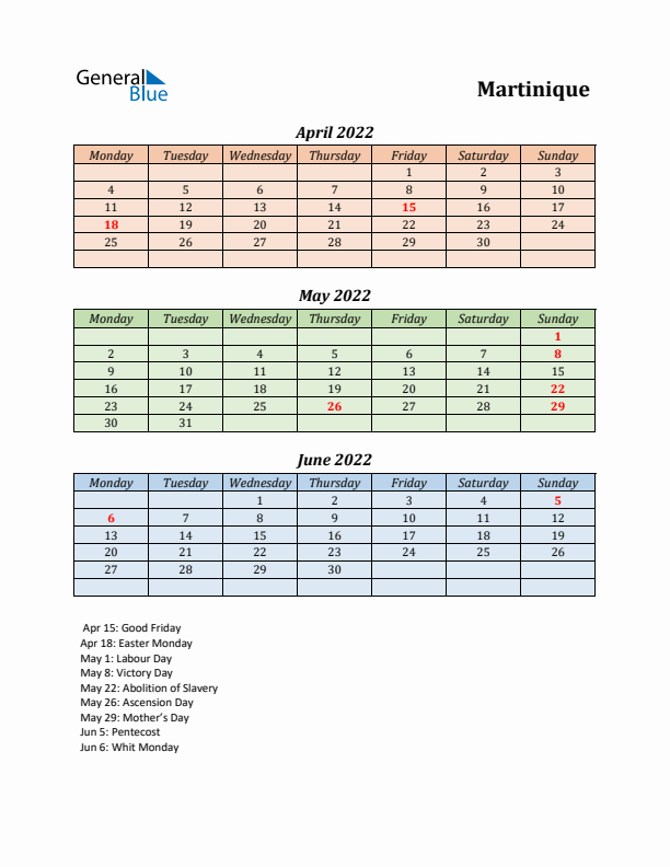 Q2 2022 Holiday Calendar - Martinique