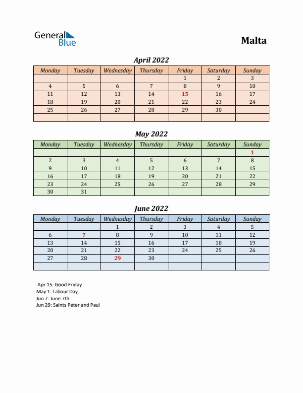 Q2 2022 Holiday Calendar - Malta