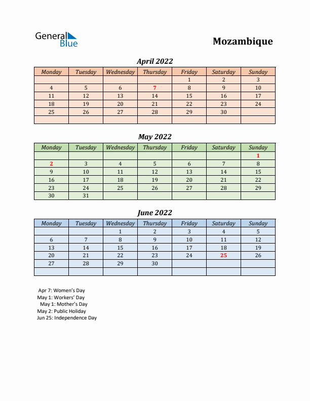 Q2 2022 Holiday Calendar - Mozambique