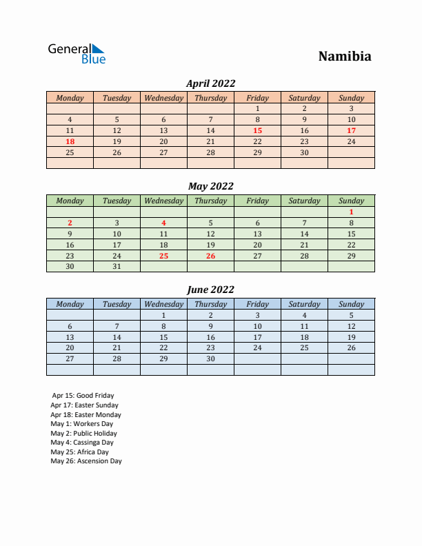 Q2 2022 Holiday Calendar - Namibia