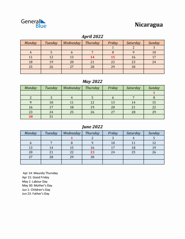 Q2 2022 Holiday Calendar - Nicaragua