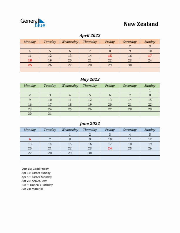 Q2 2022 Holiday Calendar - New Zealand