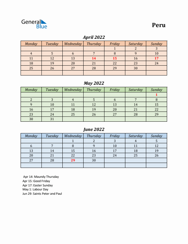 Q2 2022 Holiday Calendar - Peru