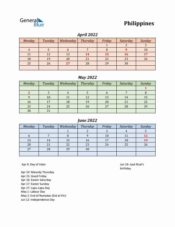 Q2 2022 Holiday Calendar - Philippines