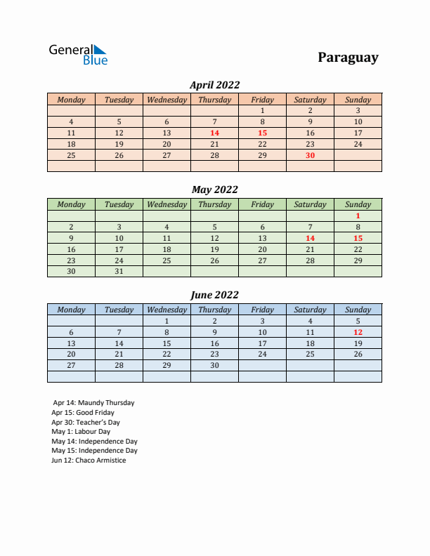 Q2 2022 Holiday Calendar - Paraguay