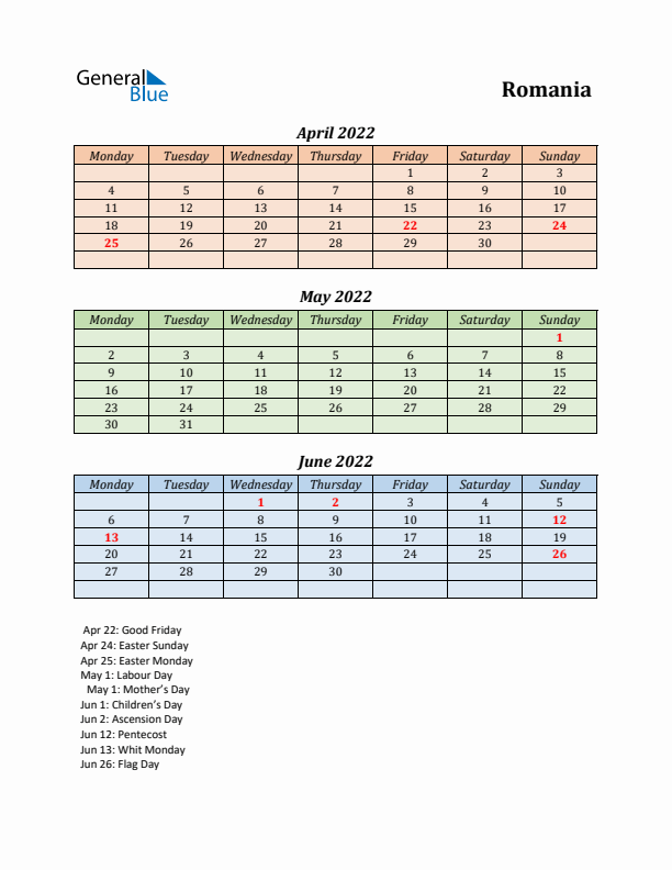 Q2 2022 Holiday Calendar - Romania