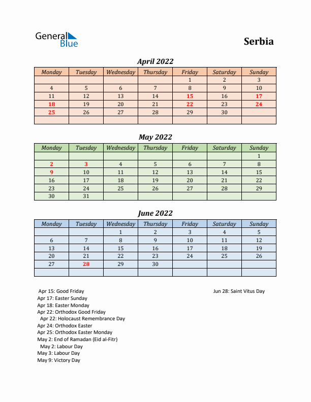 Q2 2022 Holiday Calendar - Serbia