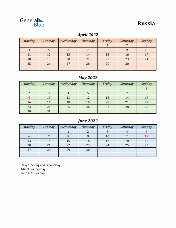 Q2 2022 Holiday Calendar - Russia