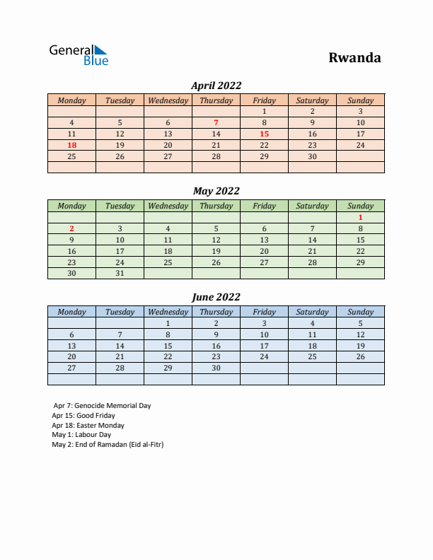 Q2 2022 Holiday Calendar - Rwanda