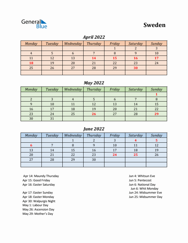 Q2 2022 Holiday Calendar - Sweden