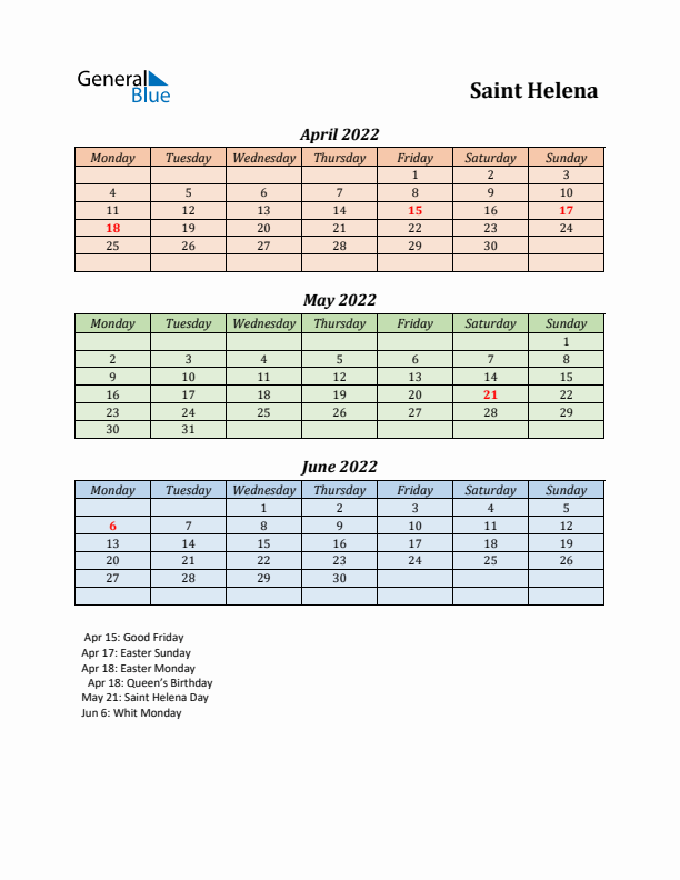 Q2 2022 Holiday Calendar - Saint Helena