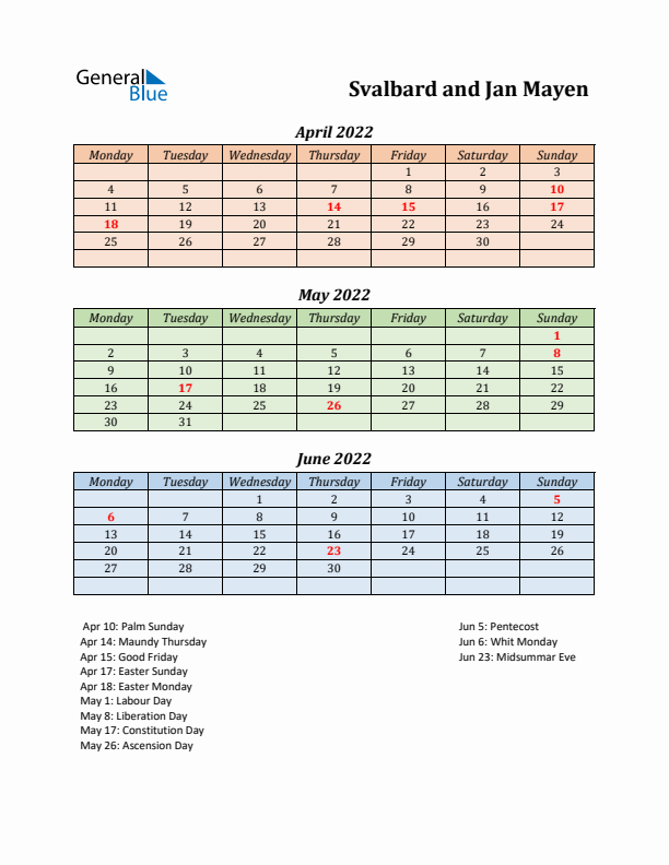 Q2 2022 Holiday Calendar - Svalbard and Jan Mayen