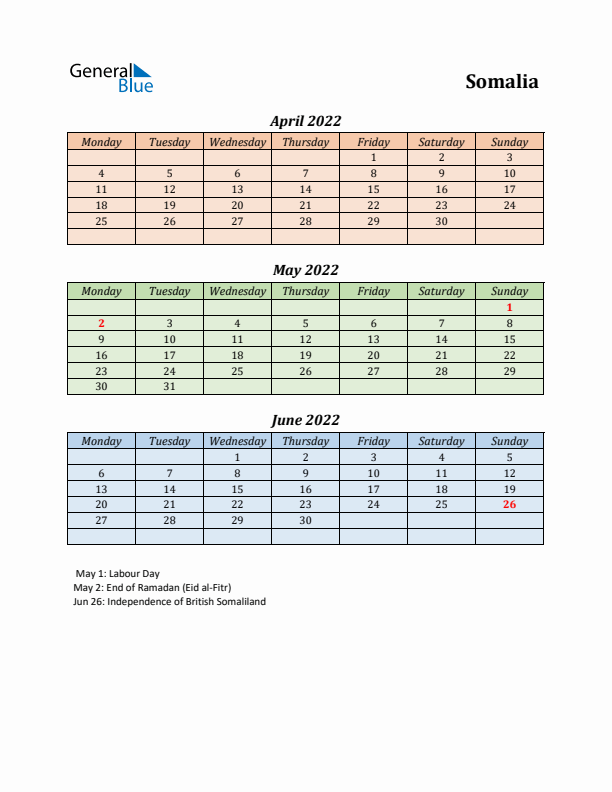 Q2 2022 Holiday Calendar - Somalia