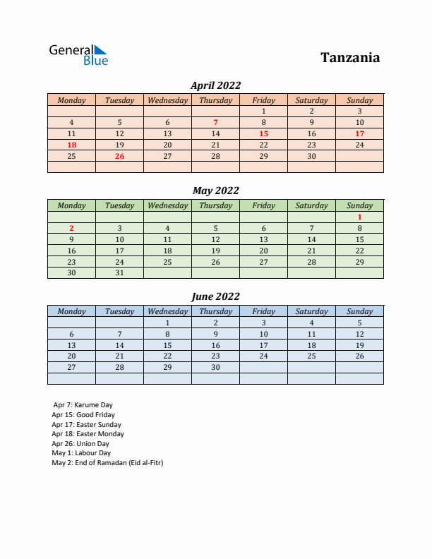 Q2 2022 Holiday Calendar - Tanzania