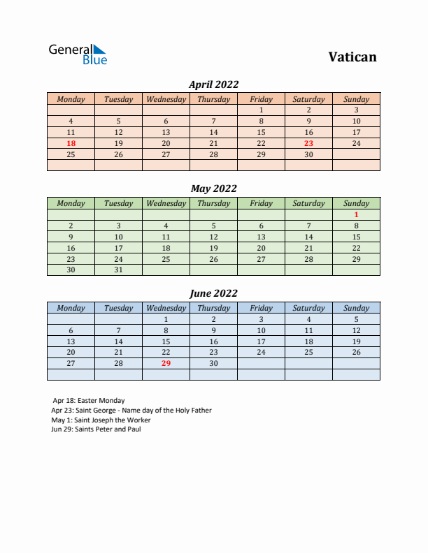 Q2 2022 Holiday Calendar - Vatican