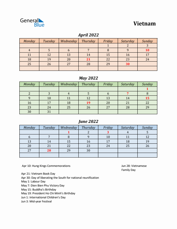 Q2 2022 Holiday Calendar - Vietnam