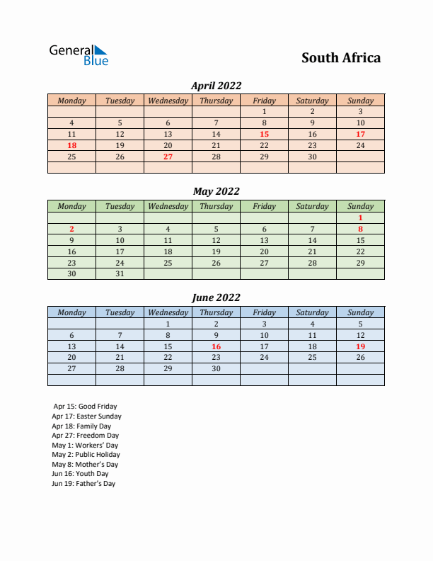 Q2 2022 Holiday Calendar - South Africa