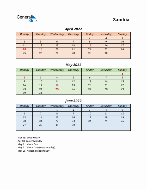 Q2 2022 Holiday Calendar - Zambia