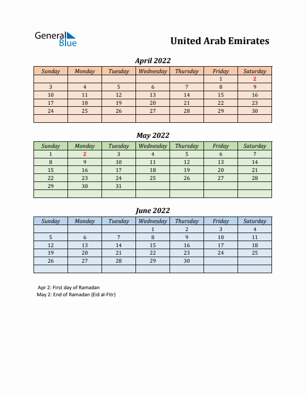 Q2 2022 Holiday Calendar - United Arab Emirates