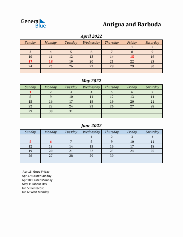 Q2 2022 Holiday Calendar - Antigua and Barbuda