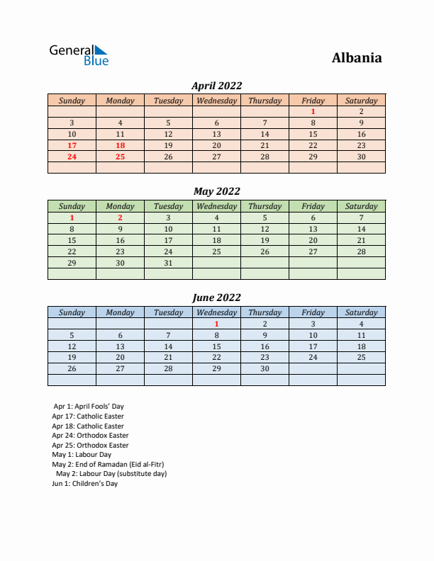 Q2 2022 Holiday Calendar - Albania