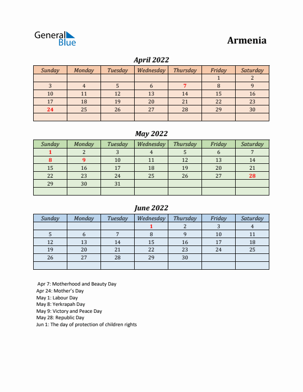 Q2 2022 Holiday Calendar - Armenia