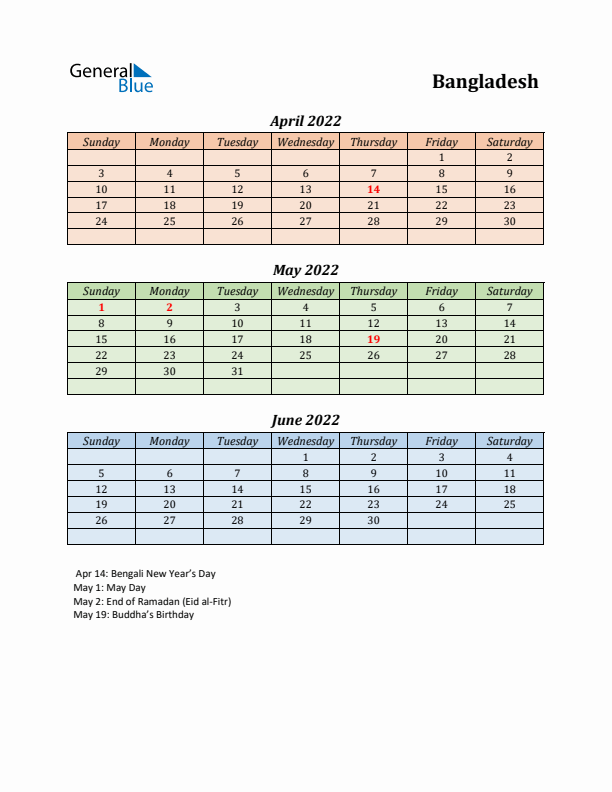 Q2 2022 Holiday Calendar - Bangladesh