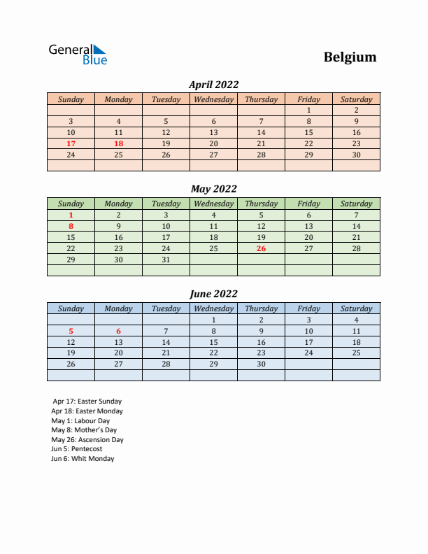 Q2 2022 Holiday Calendar - Belgium