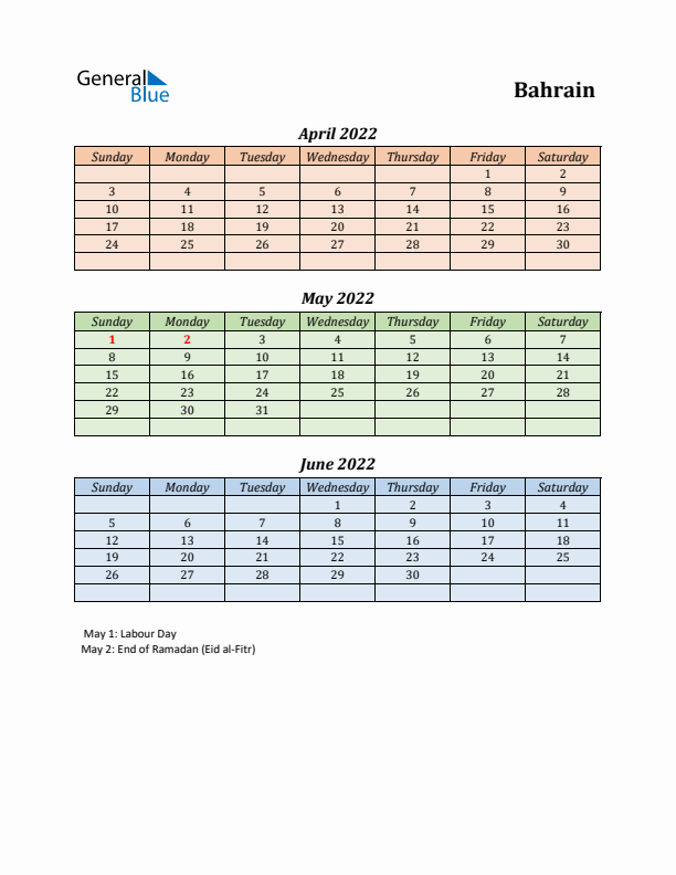 Q2 2022 Holiday Calendar - Bahrain