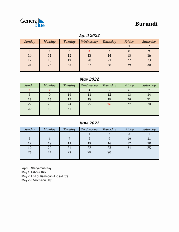 Q2 2022 Holiday Calendar - Burundi