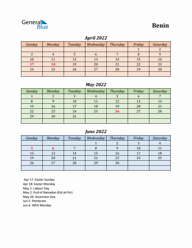 Q2 2022 Holiday Calendar - Benin