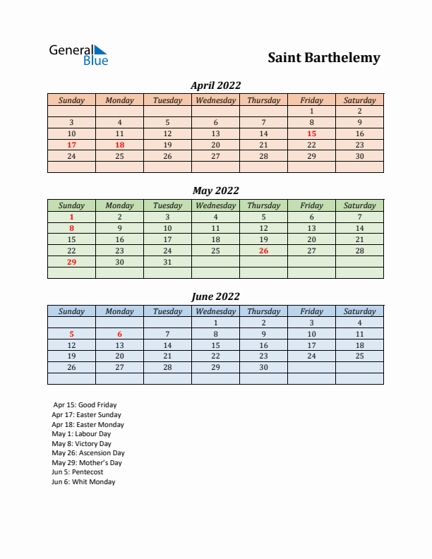 Q2 2022 Holiday Calendar - Saint Barthelemy