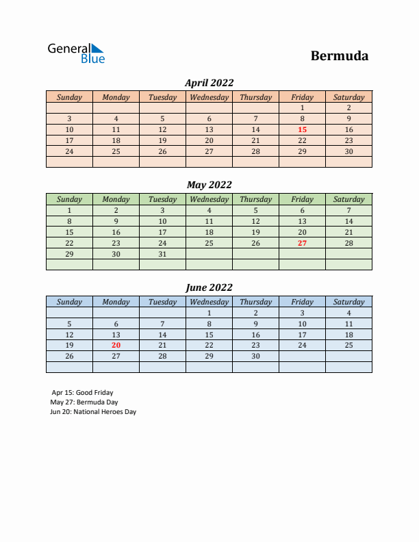 Q2 2022 Holiday Calendar - Bermuda