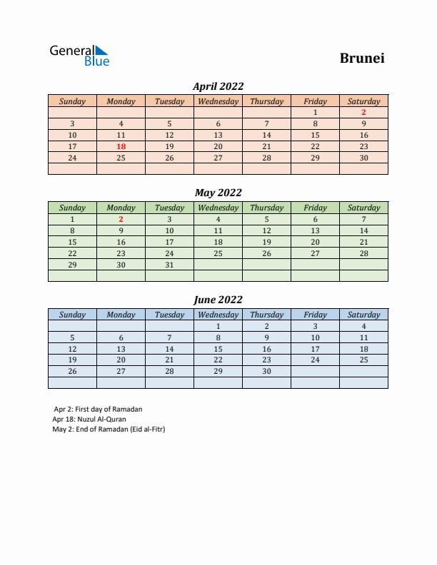 Q2 2022 Holiday Calendar - Brunei