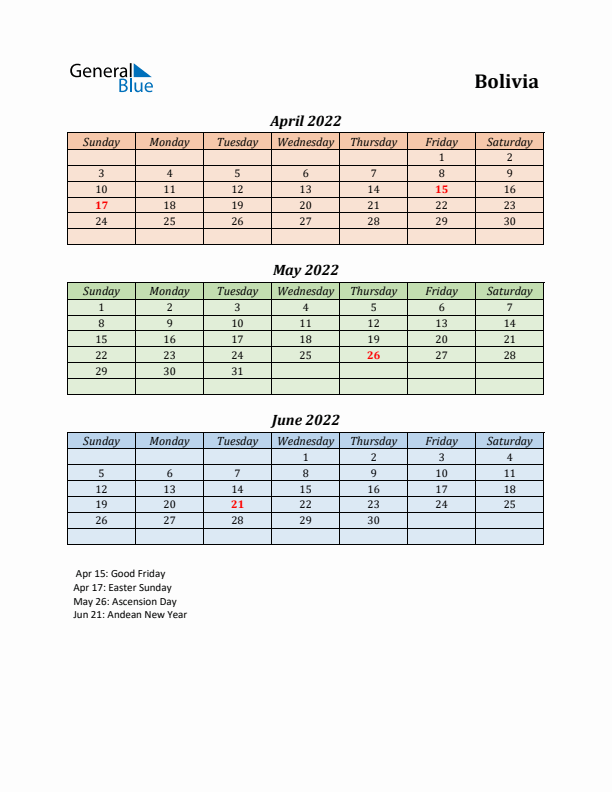 Q2 2022 Holiday Calendar - Bolivia