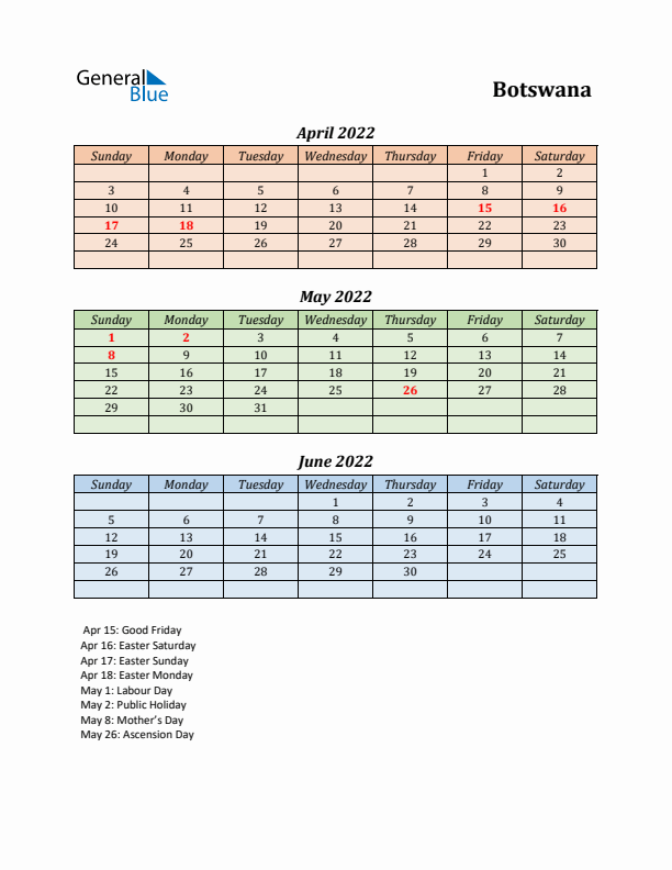 Q2 2022 Holiday Calendar - Botswana