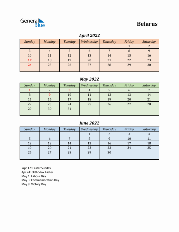 Q2 2022 Holiday Calendar - Belarus