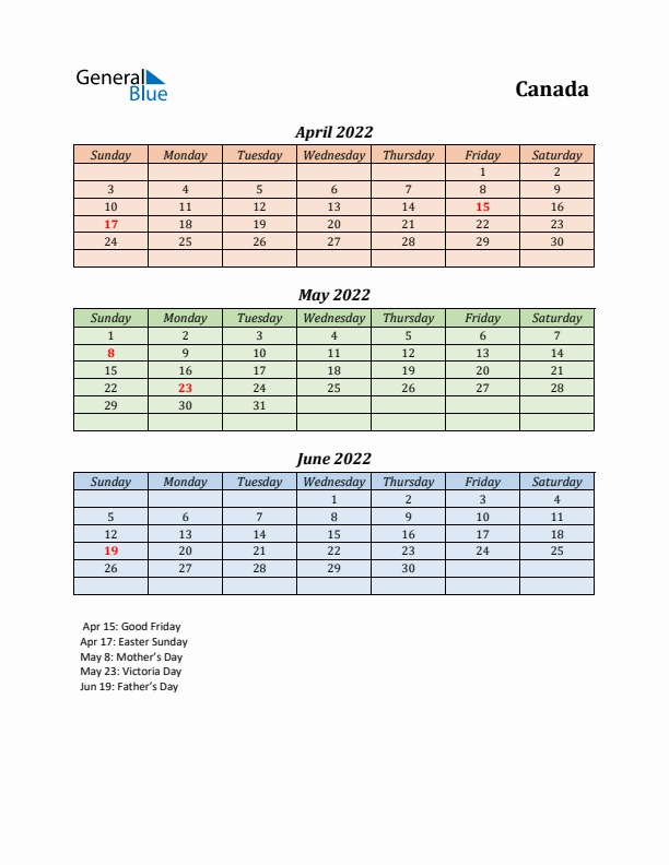 Q2 2022 Holiday Calendar - Canada