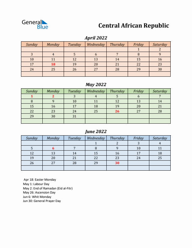 Q2 2022 Holiday Calendar - Central African Republic