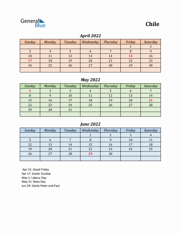 Q2 2022 Holiday Calendar - Chile